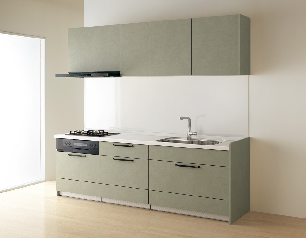 マットなグレイッシュグリーンの扉がおしゃれなクリナップステディア・レフティグリーンのキッチン